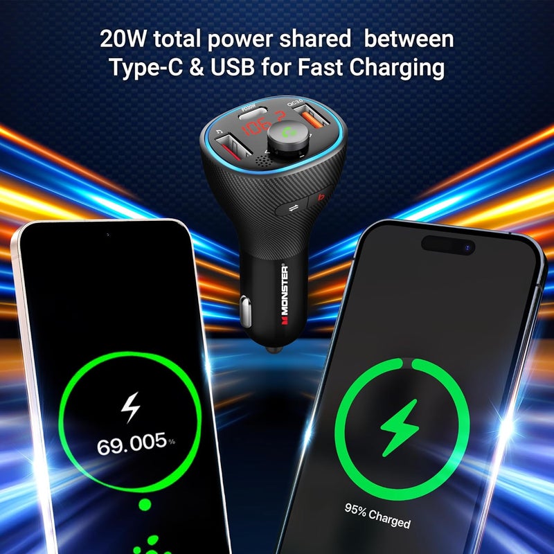 XTREME Monster Bluetooth FM Transmitter for Car Cigarette Lighter with 20W QC3.0 USB A & USB C PD Charger, Bass Boost Button, Flash Drive Port, Google Voice & Siri Compatible, Hands-Free Calls, Microphone - Image 4